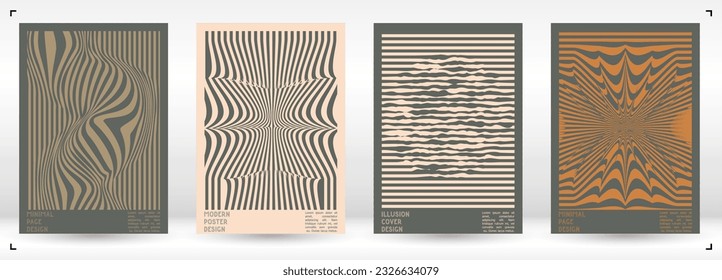 Abstract Poster Design with Optical Illusion Effect. Minimal Psychedelic Cover Page Collection. Brown Wave Lines Background. Fluid Stripes Art. Swiss Design. Vector Illustration for Report.