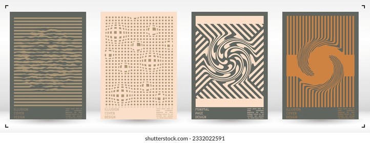 Abstract Poster Design with Optical Illusion Effect. Minimal Psychedelic Cover Page Collection. Brown Wave Lines Background. Fluid Stripes Art. Swiss Design. Vector Illustration for Flyer.
