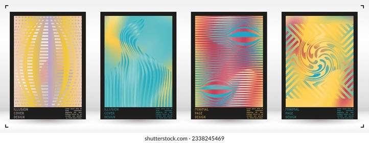 Abstraktes Poster-Design mit optischem Illusionseffekt. Minimale Kollektion von psychedelischen Titelseiten. Farbiger Hintergrund der Wellenlinien. Fluid Stripes Art. Swiss Design. Vektorgrafik zum Bericht.