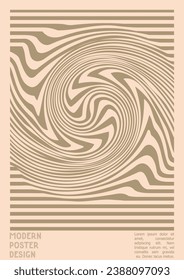 Abstract Poster Design with Optical Illusion Effect. Modern Psychedelic Cover Page Collection. Brown Wave Lines Background. Fluid Stripes Art. Swiss Design. Vector Illustration for Booklet. 