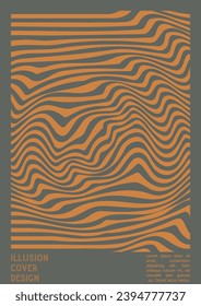 Abstract Poster Design with Optical Illusion Effect. Minimal Psychedelic Cover Page Collection. Grey Wave Lines Background. Fluid Stripes Art. Swiss Design. Vector Illustration for Placard,