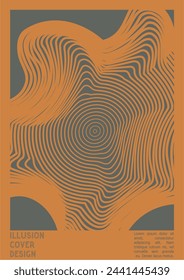 Abstract Poster Design with Optical Illusion Effect. Minimal Psychedelic Cover Page Collection. Grey Wave Lines Background. Fluid Stripes Art. Swiss Design. Vector Illustration for Banner. 