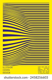 Abstraktes Poster-Design mit Optical Illusion Effect. Minimale psychedelische Deckblatt-Kollektion. Heller Wellenlinienhintergrund. In: Fluid Stripes Art. Swiss Design. Vektorillustration für Broschüre.