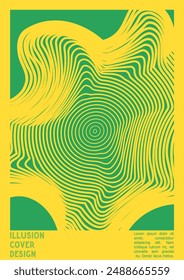 Abstract Poster Design with Optical Illusion Effect. Minimal Psychedelic Cover Page Collection. Bright Wave Lines Background. Fluid Stripes Art. Swiss Design. Vector Illustration for Brochure.