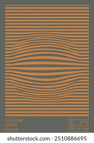 Abstract Poster Design with Optical Illusion Effect. Minimal Psychedelic Cover Page Collection. Grey Wave Lines Background. Fluid Stripes Art. Swiss Design. Vector Illustration for Booklet. 