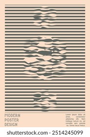 Abstract Poster Design with Optical Illusion Effect. Minimal Psychedelic Cover Page Collection. Grey Wave Lines Background. Fluid Stripes Art. Swiss Design. Vector Illustration for Brochure, 