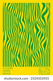 Abstract Poster Design with Optical Illusion Effect. Minimal Psychedelic Cover Page Collection. Monochrome Wave Lines Background. Fluid Stripes Art. Swiss Design. Vector Illustration for Booklet. 