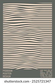 Abstract Poster Design with Optical Illusion Effect. Minimal Psychedelic Cover Page Collection. Grey Wave Lines Background. Fluid Stripes Art. Swiss Design. Vector Illustration for Banner. 