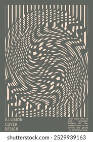 Abstract Poster Design with Optical Illusion Effect. Minimal Psychedelic Cover Page Collection. Grey Wave Lines Background. Fluid Stripes Art. Swiss Design. Vector Illustration for Presentation