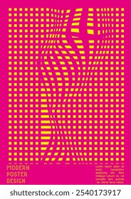 Abstract Poster Design with Optical Illusion Effect. Minimal Psychedelic Cover Page Collection. Bright Wave Lines Background. Fluid Stripes Art. Swiss Design. Vector Illustration for Brochure.