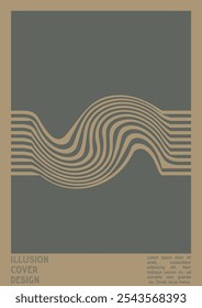 Abstract Poster Design with Optical Illusion Effect. Modern Psychedelic Cover Page Collection. Brown Wave Lines Background. Fluid Stripes Art. Swiss Design. Vector Illustration for Flyer,