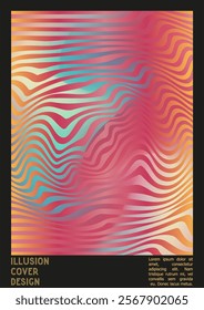 Abstract Poster Design with Optical Illusion Effect. Minimal Psychedelic Cover Page Collection. Bright Wave Lines Background. Fluid Stripes Art. Swiss Design. Vector Illustration for Banner. 