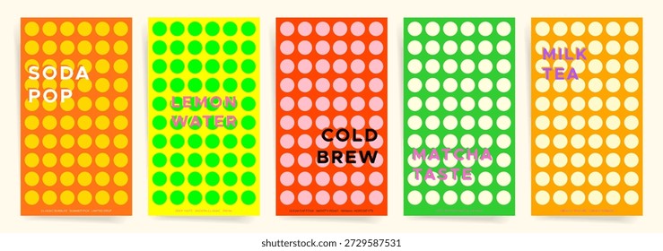 Conjunto de diseño de póster Abstractas, fondo de Vector de patrón circular, coloridas Plantillas de cubierta gráfica moderna para la venta de bebidas de primavera de verano, folleto de Anuncio de productos de café, diseños geométricos de Vertical.