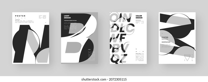 Abstract Poster Design set. Minimal illustration on vertical A4 format. Distorted type. Letters in bubbles.