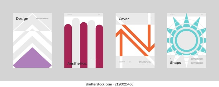 Abstract Poster Design Set. Vertical A4 format. Bauhaus brochure collection. Modernism aesthetics. Minimal illustration brutalism inspired.