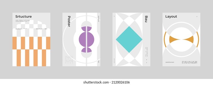 Abstract Poster Design Set. Vertical A4 format. Bauhaus brochure collection. Modernism aesthetics. Minimal illustration brutalism inspired.