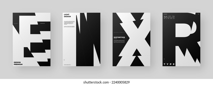 Resumen de diseño de afiches. Formato vertical A4. Kit de folletos de modernidad. Efecto Refracción y Distorsión del Vaso. Cortada, cortada, deslizada, composición de letras rotas.