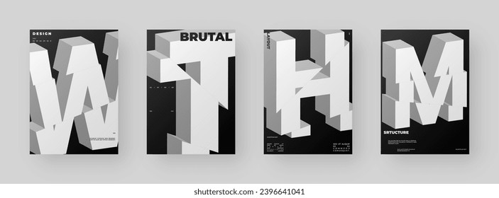 Abstract poster design set. Vertical A4 format. Refraction and distorted 3d letter. Chopped, cut, glitch, broken type composition.