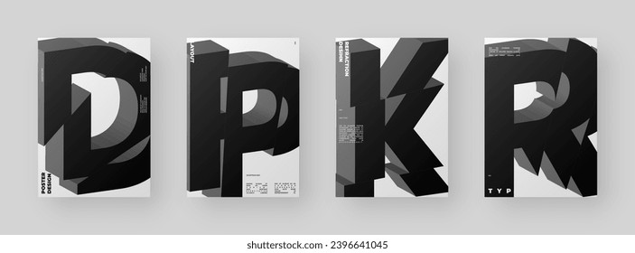 Abstract poster design set. Vertical A4 format. Refraction and distorted 3d letter. Chopped, cut, glitch, broken type composition.