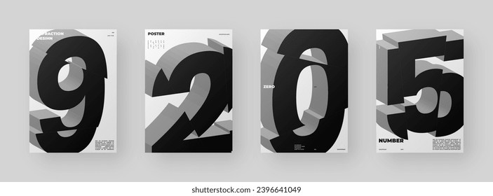 Abstract poster design set. Vertical A4 format. Refraction and distorted 3d letter. Chopped, cut, glitch, broken type composition.