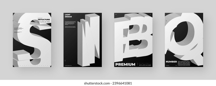 Abstract poster design set. Vertical A4 format. Refraction and distorted 3d letter. Chopped, cut, glitch, broken type composition.