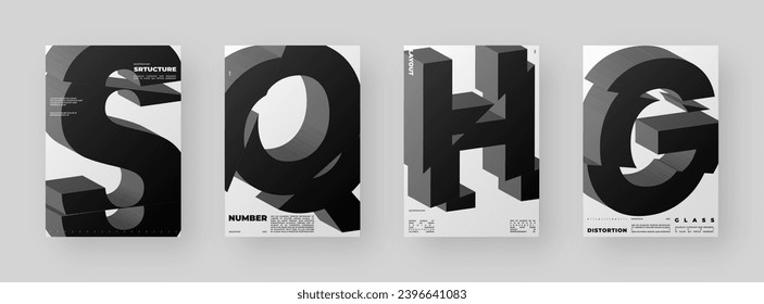 Abstract poster design set. Vertical A4 format. Refraction and distorted 3d letter. Chopped, cut, glitch, broken type composition.