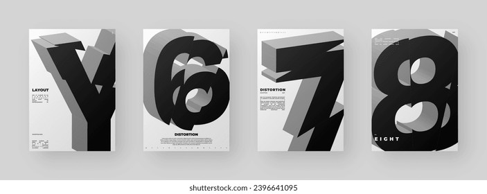Resumen de diseño de afiches. Formato vertical A4. Refracción y letra 3d distorsionada. Composición de tipo rota, cortada, con fallos y rotos.