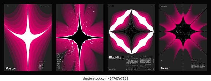 Abstract poster design set. Vertical format wall art, interior mockup. Magenta, white, black composition. Geometric neon illustration with space and y2k style elements.