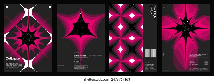 Abstract poster design set. Vertical format wall art, interior mockup. Magenta, white, black composition. Geometric neon illustration with space and y2k style elements.