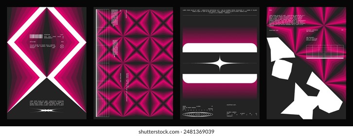Abstract poster design set. Vertical format wall art, interior mockup. Magenta, white, black composition. Geometric neon illustration with space and y2k style elements.