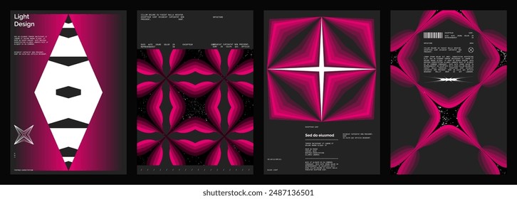 Abstract poster design set. Vertical format wall art, interior mockup. Magenta, white, black composition. Geometric neon illustration with space and y2k style elements.