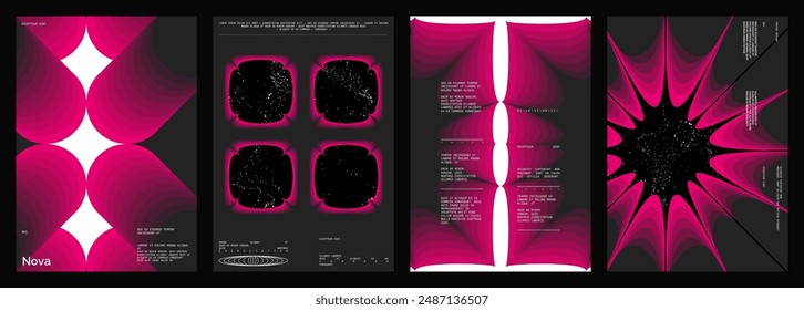 Abstraktes Poster-Design-Set. Wandkunst im vertikalen Format, Innenmock-up. Magenta, weiß, schwarze Komposition. Geometrische Neon-Illustration mit Raum und y2k-Stil Elemente.
