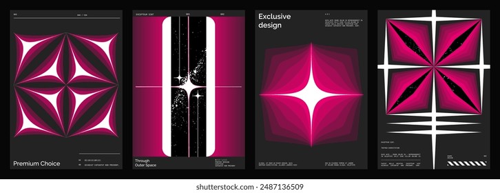 Abstract poster design set. Vertical format wall art, interior mockup. Magenta, white, black composition. Geometric neon illustration with space and y2k style elements.