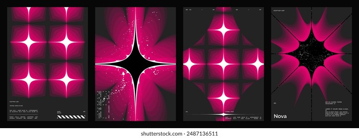 Abstract poster design set. Vertical format wall art, interior mockup. Magenta, white, black composition. Geometric neon illustration with space and y2k style elements.