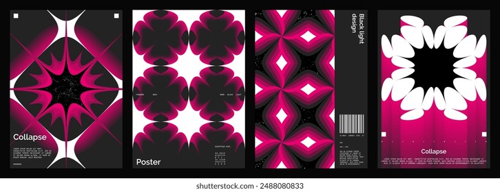 Abstract poster design set. Vertical format wall art, interior mockup. Magenta, white, black composition. Geometric neon illustration with space and y2k style elements.