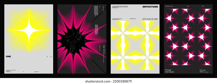 Abstract poster design set. Vertical format wall art, interior mockup. Magenta and yellow composition. Geometric neon illustration with space and y2k style elements.