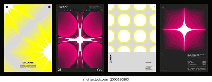 Abstract poster design set. Vertical format wall art, interior mockup. Magenta and yellow composition. Geometric neon illustration with space and y2k style elements.
