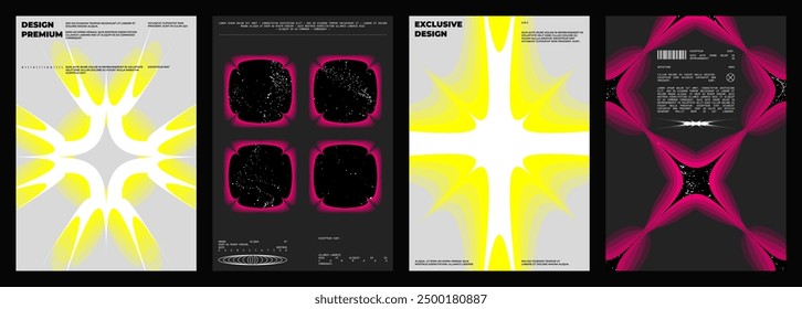 Abstract poster design set. Vertical format wall art, interior mockup. Magenta and yellow composition. Geometric neon illustration with space and y2k style elements.