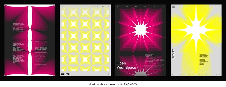 Abstract poster design set. Vertical format wall art, interior mockup. Magenta and yellow composition. Geometric neon illustration with space and y2k style elements.