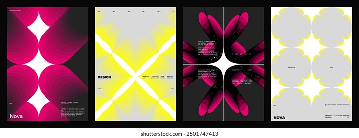 Abstract poster design set. Vertical format wall art, interior mockup. Magenta and yellow composition. Geometric neon illustration with space and y2k style elements.