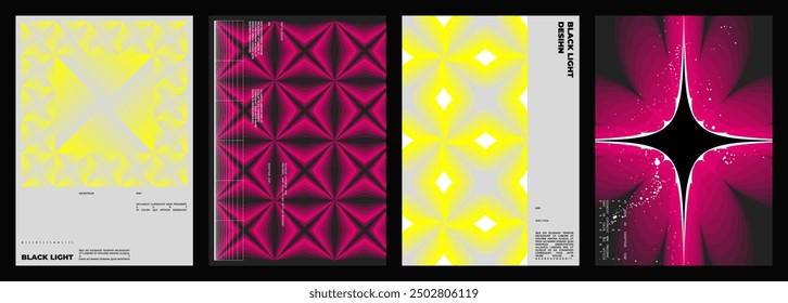 Abstract poster design set. Vertical format wall art, interior mockup. Magenta and yellow composition. Geometric neon illustration with space and y2k style elements.