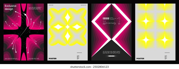 Abstract poster design set. Vertical format wall art, interior mockup. Magenta and yellow composition. Geometric neon illustration with space and y2k style elements.