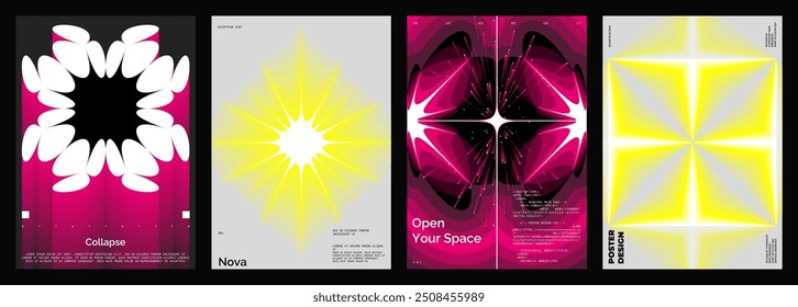 Abstract poster design set. Vertical format wall art, interior mockup. Magenta and yellow composition. Geometric neon illustration with space and y2k style elements.