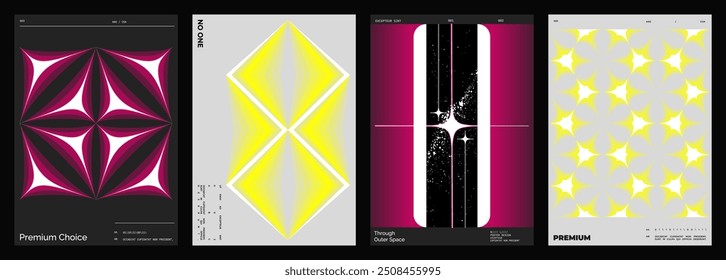 Abstract poster design set. Vertical format wall art, interior mockup. Magenta and yellow composition. Geometric neon illustration with space and y2k style elements.