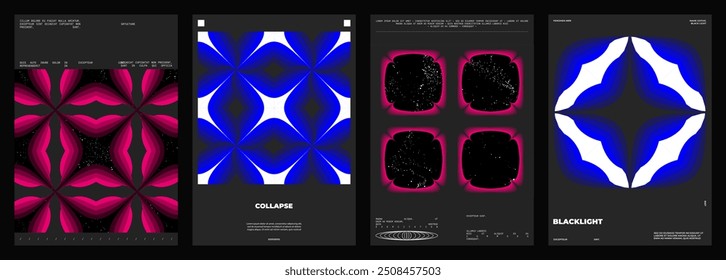 Abstract poster design set. Vertical format wall art, interior mockup. Magenta and blue composition. Geometric neon illustration with space and y2k style elements.