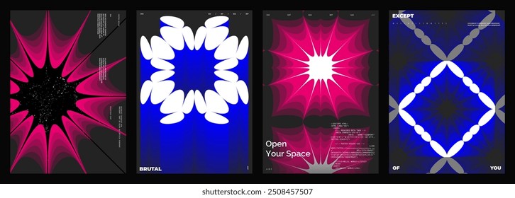 Abstract poster design set. Vertical format wall art, interior mockup. Magenta and blue composition. Geometric neon illustration with space and y2k style elements.
