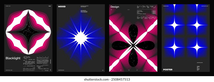 Abstract poster design set. Vertical format wall art, interior mockup. Magenta and blue composition. Geometric neon illustration with space and y2k style elements.