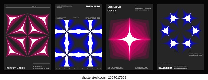 Abstract poster design set. Vertical format wall art, interior mockup. Magenta and blue composition. Geometric neon illustration with space and y2k style elements.