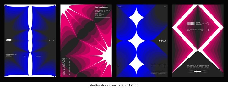 Conjunto de diseño de póster Abstractas. Arte de pared de formato de Vertical, maqueta interior. Composición magenta y azul. Ilustración geométrica de neón con espacio y Elementos de estilo y2k.