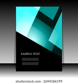 Abstract Poster Design – Teal and Black Geometric Overlays with Sample Text on Gradient Background. A contemporary abstract poster or flyer design featuring overlapping translucent rectangles in shades of teal, cyan, and black. The top portion showcases dynamic geometric layering, while the bottom section presents a solid black area with white “SAMPLE TEXT” and placeholder content. The background fades from black to gray, adding depth and contrast. Ideal for promotional materials, business presentations, tech branding, creative portfolios, or modern editorial layouts.